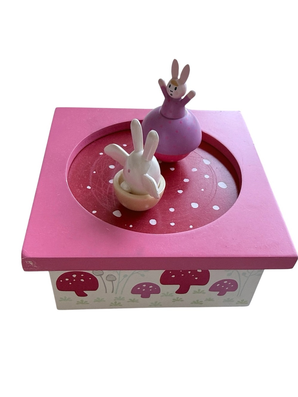 Pink Wooden Bunny Music Box with Mushroom Motif (G163)